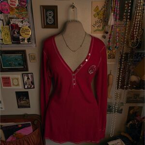 Y2K Pink Victoria's Secret Thermal Henley Long Sleeve T-Shirt Women's L/XL Red